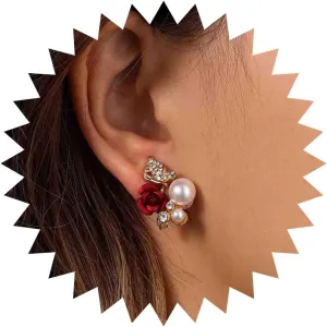 Vintage Red Rose Flower Pearl Earrings Romantic Rose Flower Stud Earrings Cz Butterfly Pearl Earrings Crystal Pearl Floral Earrings Wedding Bridal Earrings Jewelry for Women