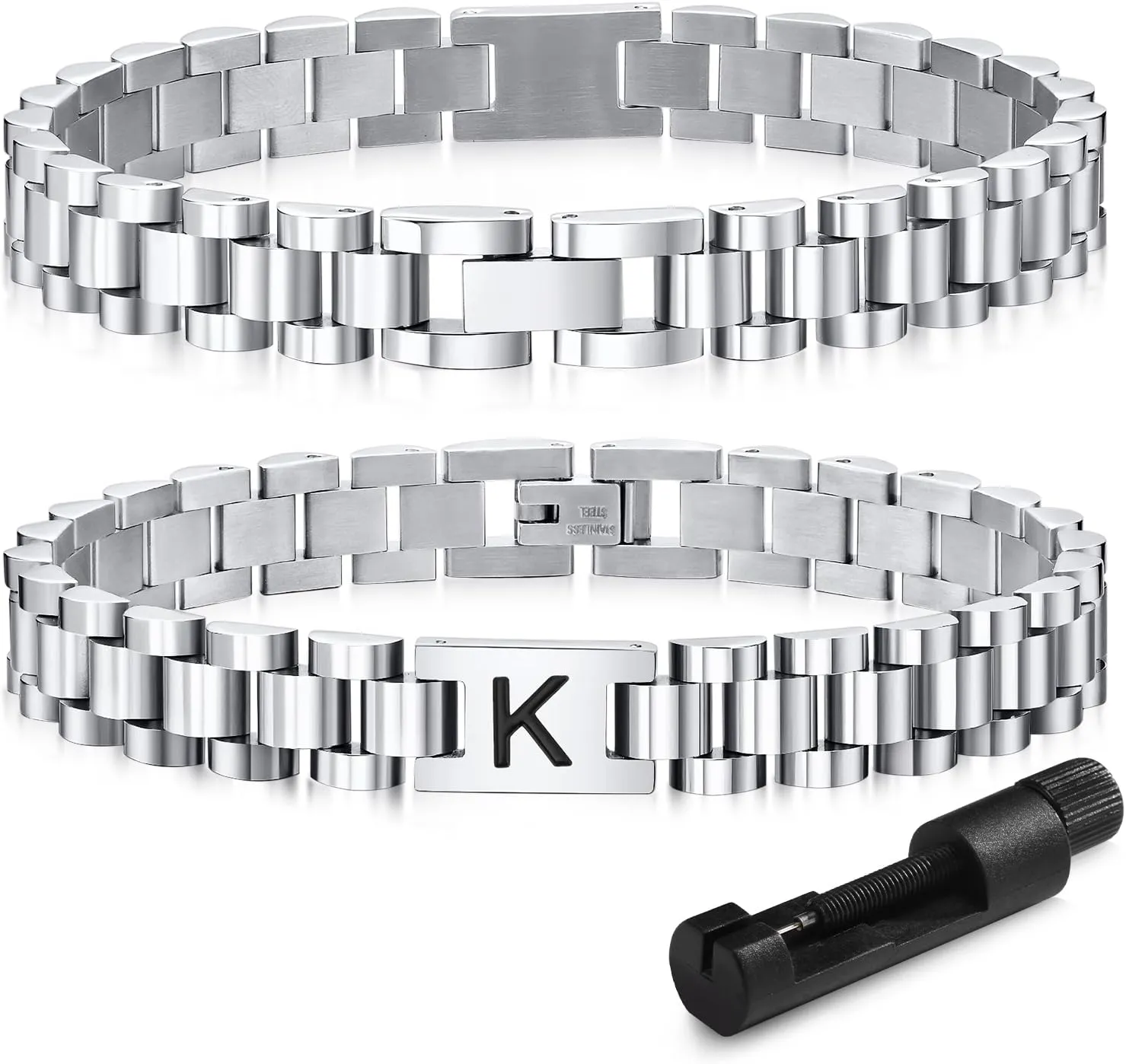 VNOX Initial Bracelet for Men - Stainless Steel Watch Band A-Z Letter Silver Link Bracelets,Fathers Day Gift for Dad Boyfriend Teen Boy Women Mens Jewelry Gifts for Him