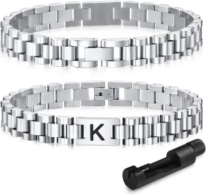 VNOX Initial Bracelet for Men - Stainless Steel Watch Band A-Z Letter Silver Link Bracelets,Fathers Day Gift for Dad Boyfriend Teen Boy Women Mens Jewelry Gifts for Him