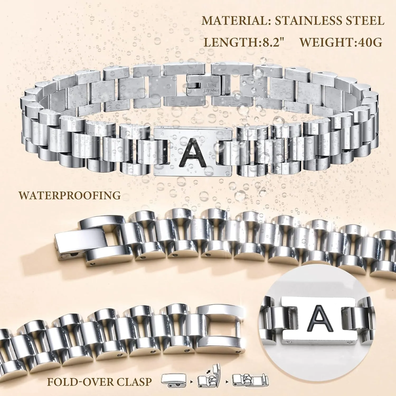 VNOX Initial Bracelet for Men - Stainless Steel Watch Band A-Z Letter Silver Link Bracelets,Fathers Day Gift for Dad Boyfriend Teen Boy Women Mens Jewelry Gifts for Him