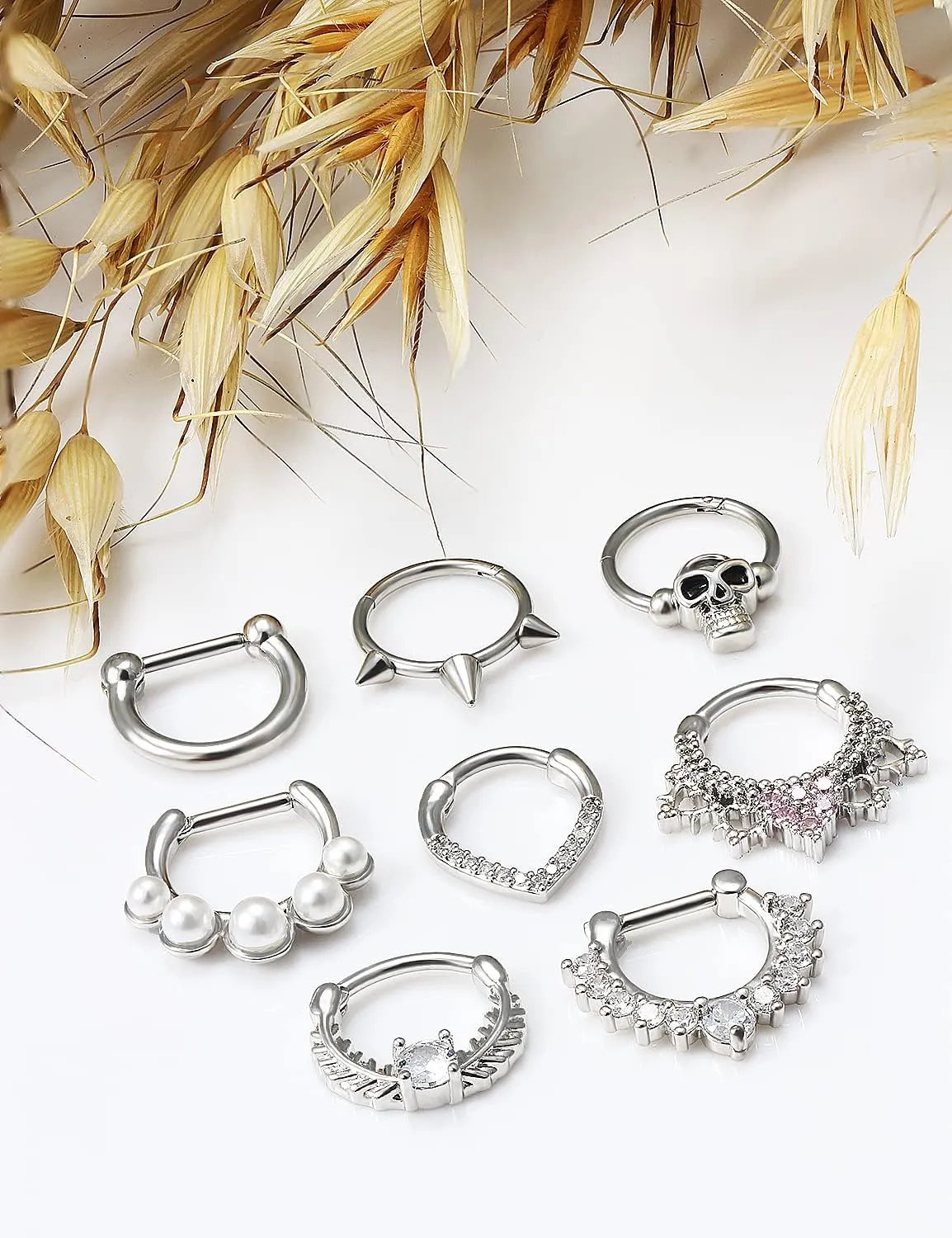 Vsnnsns 16G Septum Rings Piercing Jewelry 316L Stainless Surgical Steel Skull Flower Opal Clicker Horseshoe Septum Nose Rings Hoop Piercing Jewelry for Women Men Silver Black Rose Gold 10mm