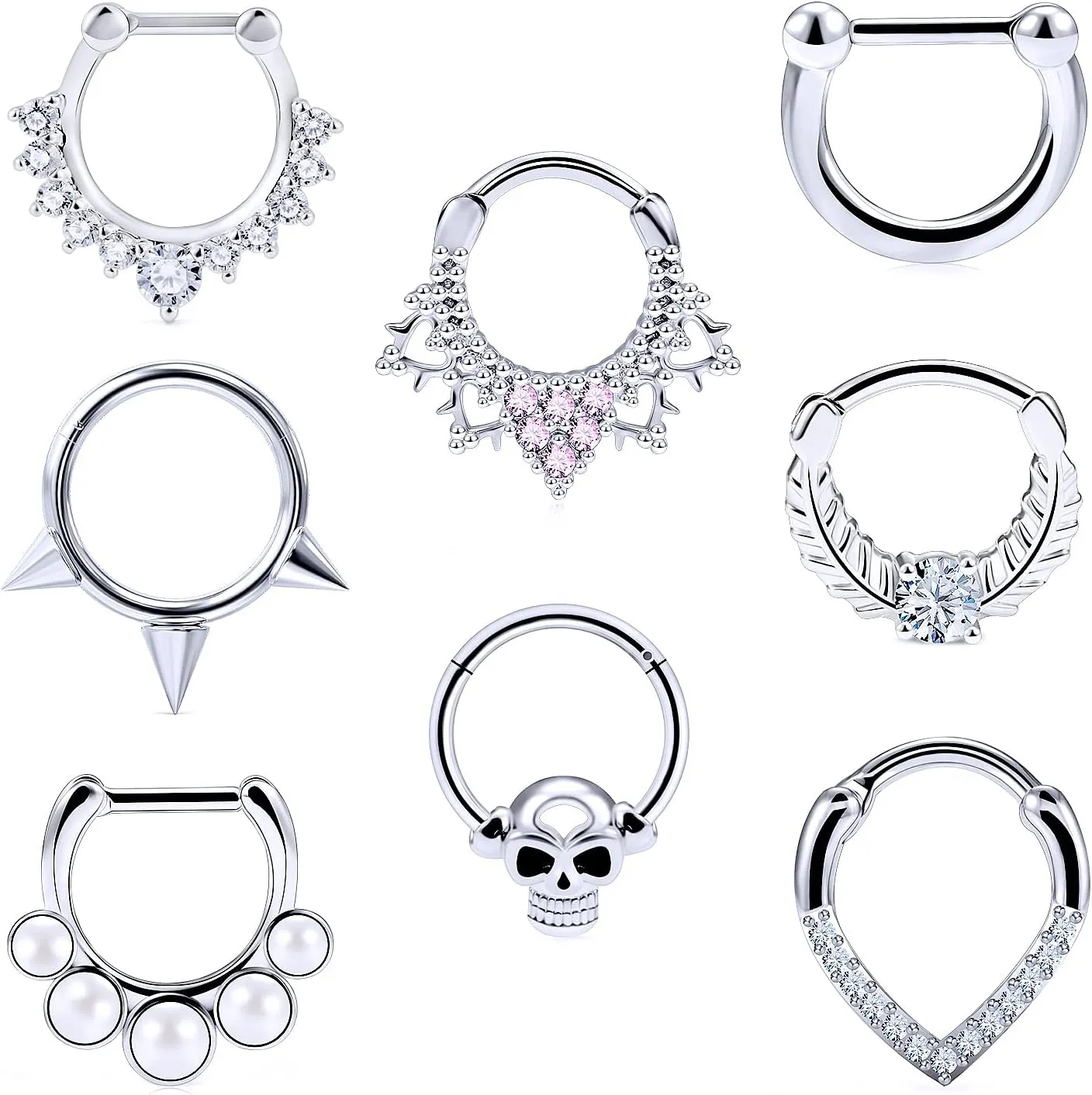 Vsnnsns 16G Septum Rings Piercing Jewelry 316L Stainless Surgical Steel Skull Flower Opal Clicker Horseshoe Septum Nose Rings Hoop Piercing Jewelry for Women Men Silver Black Rose Gold 10mm