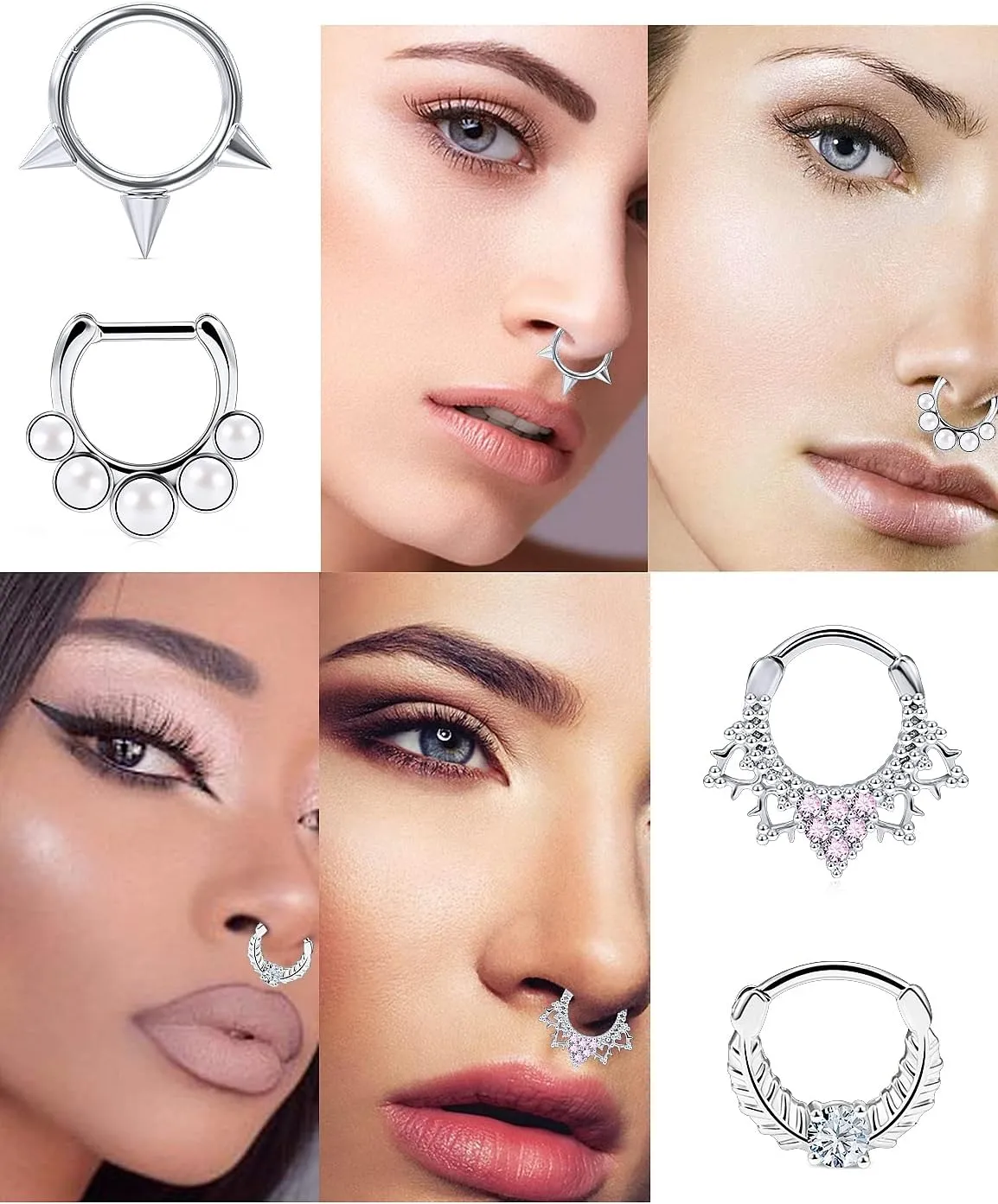Vsnnsns 16G Septum Rings Piercing Jewelry 316L Stainless Surgical Steel Skull Flower Opal Clicker Horseshoe Septum Nose Rings Hoop Piercing Jewelry for Women Men Silver Black Rose Gold 10mm