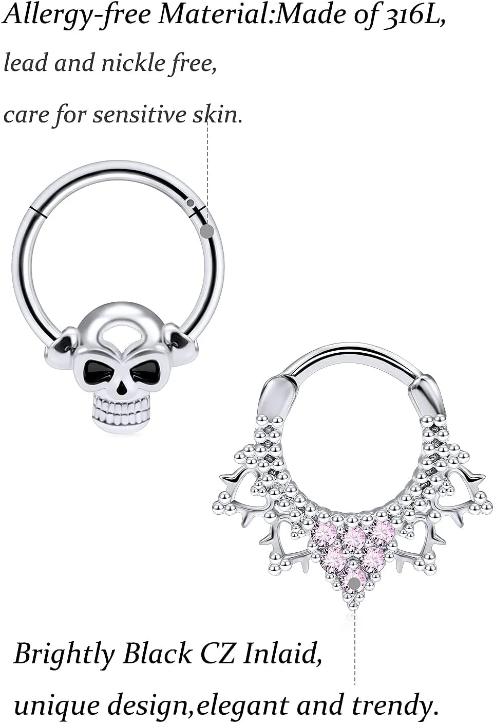 Vsnnsns 16G Septum Rings Piercing Jewelry 316L Stainless Surgical Steel Skull Flower Opal Clicker Horseshoe Septum Nose Rings Hoop Piercing Jewelry for Women Men Silver Black Rose Gold 10mm