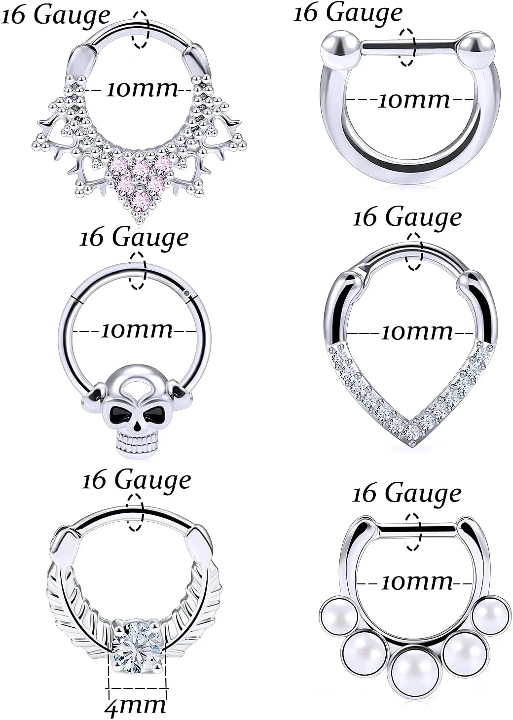 Vsnnsns 16G Septum Rings Piercing Jewelry 316L Stainless Surgical Steel Skull Flower Opal Clicker Horseshoe Septum Nose Rings Hoop Piercing Jewelry for Women Men Silver Black Rose Gold 10mm