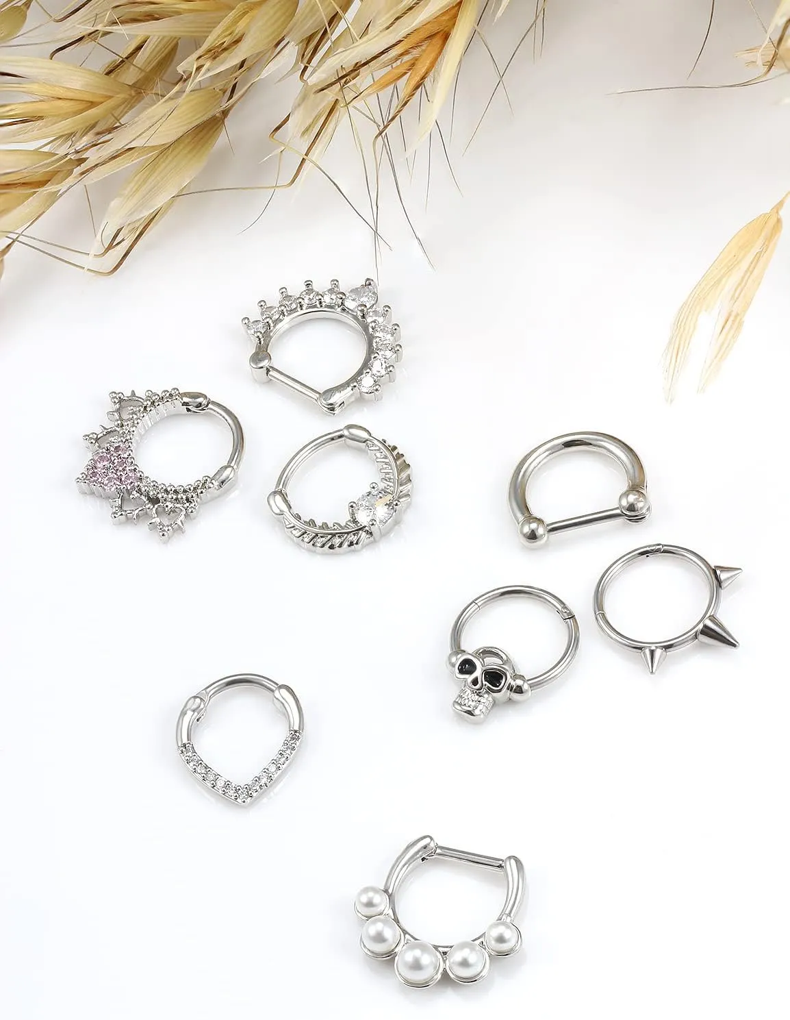 Vsnnsns 16G Septum Rings Piercing Jewelry 316L Stainless Surgical Steel Skull Flower Opal Clicker Horseshoe Septum Nose Rings Hoop Piercing Jewelry for Women Men Silver Black Rose Gold 10mm