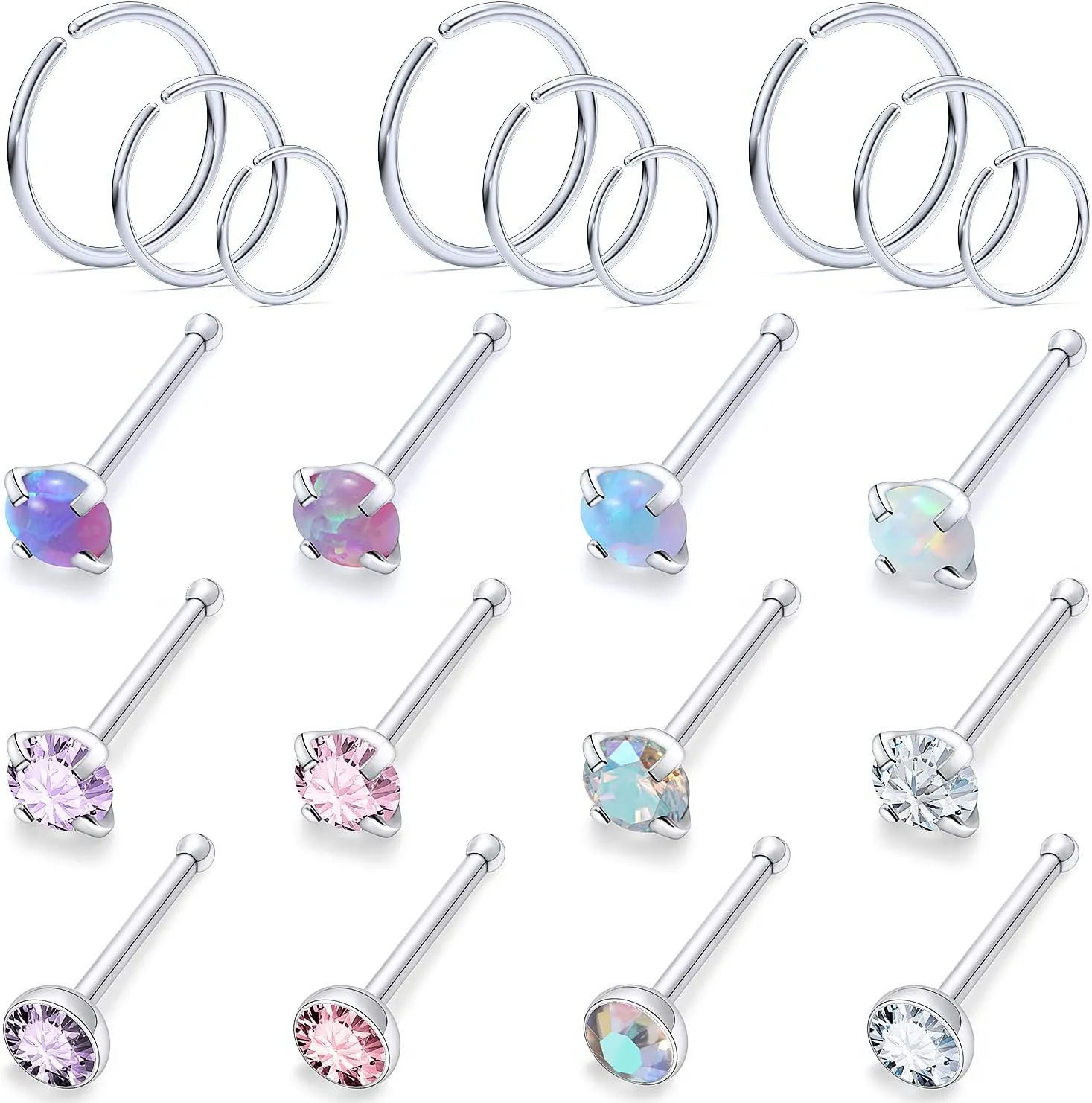 Vsnnsns 18G 20G 22G Nose Rings Studs Piercing Jewelry for Women 316L Surgical Stainless Steel L Shaped Corkscrew Straight Opal CZ Nose Rings Hoops Nostril Piercing Jewelry for Women Men Silver Gold