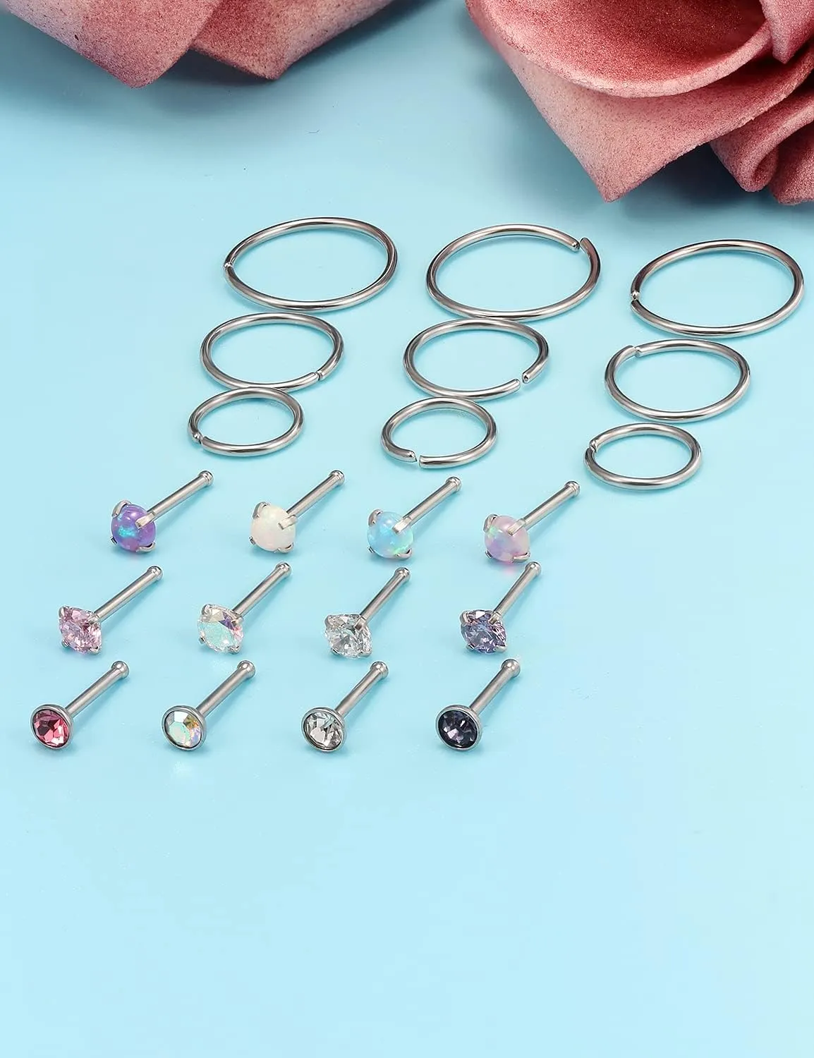 Vsnnsns 18G 20G 22G Nose Rings Studs Piercing Jewelry for Women 316L Surgical Stainless Steel L Shaped Corkscrew Straight Opal CZ Nose Rings Hoops Nostril Piercing Jewelry for Women Men Silver Gold