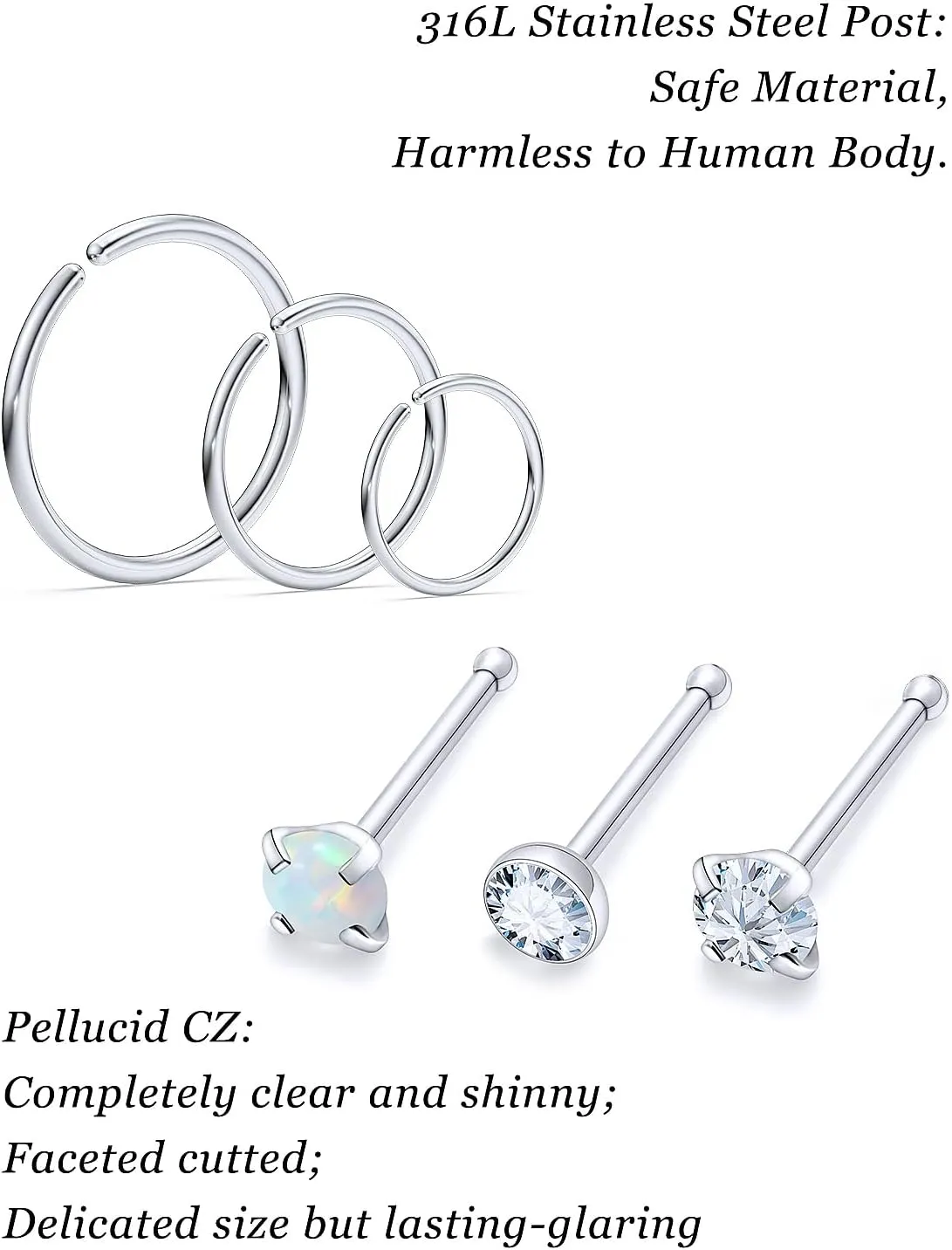 Vsnnsns 18G 20G 22G Nose Rings Studs Piercing Jewelry for Women 316L Surgical Stainless Steel L Shaped Corkscrew Straight Opal CZ Nose Rings Hoops Nostril Piercing Jewelry for Women Men Silver Gold