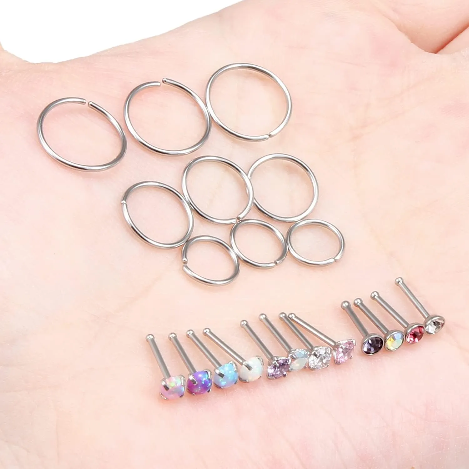 Vsnnsns 18G 20G 22G Nose Rings Studs Piercing Jewelry for Women 316L Surgical Stainless Steel L Shaped Corkscrew Straight Opal CZ Nose Rings Hoops Nostril Piercing Jewelry for Women Men Silver Gold