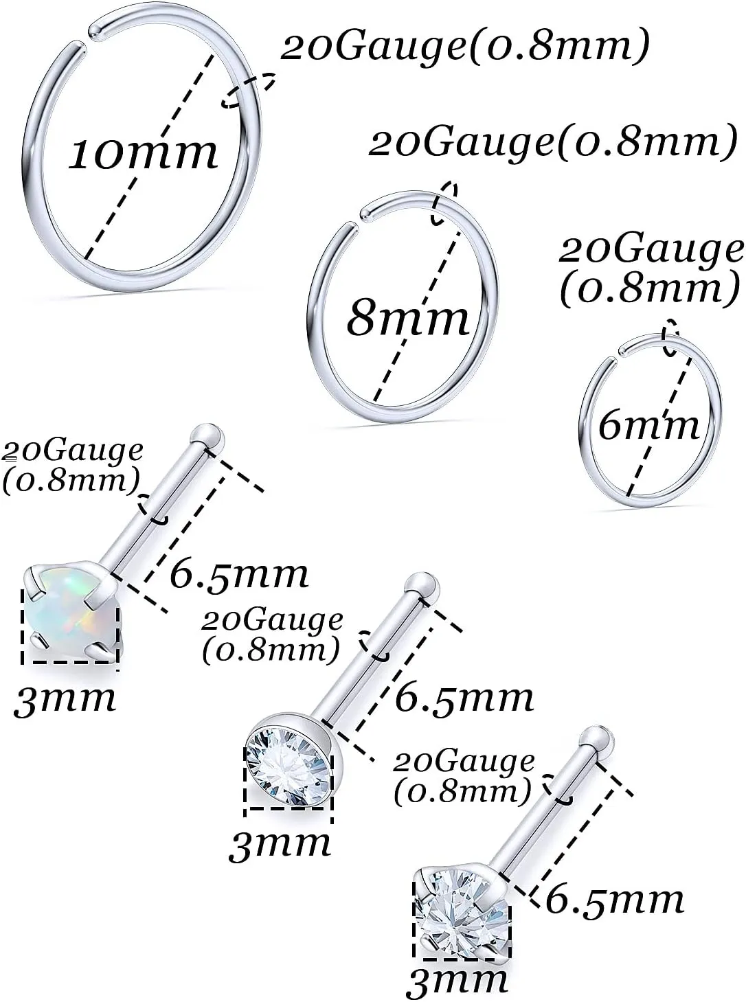 Vsnnsns 18G 20G 22G Nose Rings Studs Piercing Jewelry for Women 316L Surgical Stainless Steel L Shaped Corkscrew Straight Opal CZ Nose Rings Hoops Nostril Piercing Jewelry for Women Men Silver Gold