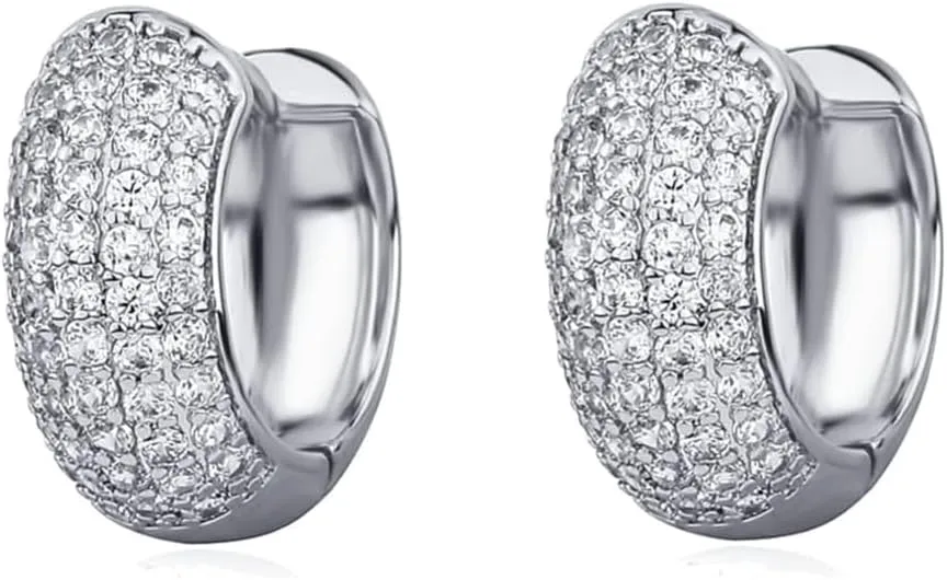 White Gold Plated 925 Sterling Silver Hoop Earrings Flower Set 3d Fully Iced Cubic Zirconia CZ 12mm Unisex Ice Out Huggie Small Sparkle Silver Hoop Earrings Fine Jewelry Birthday Gifts for Men,Women
