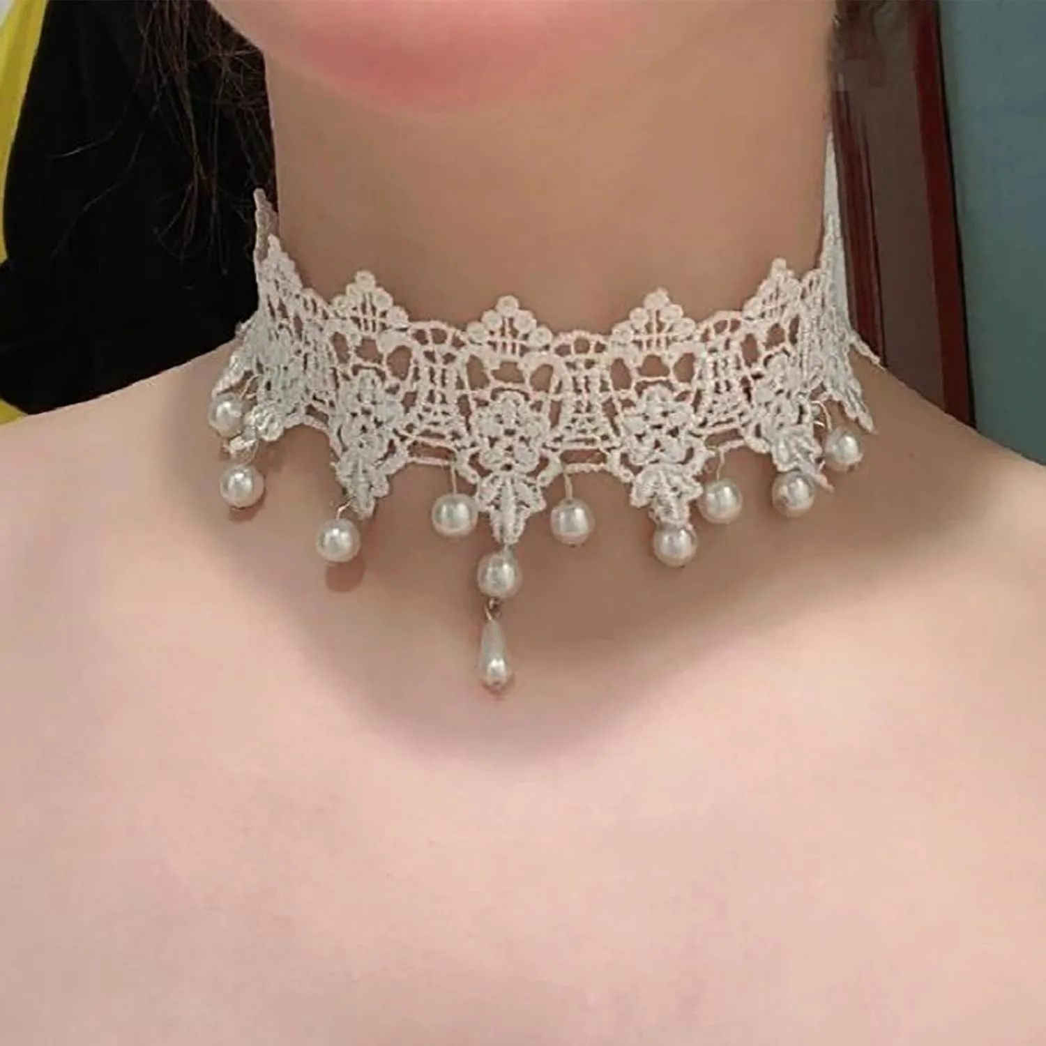 Wide Black Lace Choker Necklace Gothic Lace Pearl Tassel Necklace Short Hollow Flower Tattoo Necklaces Waterdrop Rhinestone Necklaces Halloween Wedding Party Jewelry