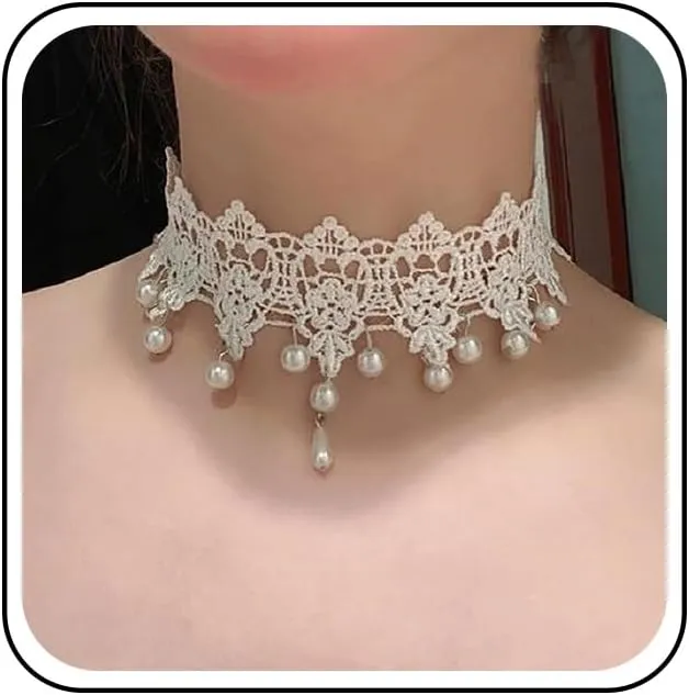 Wide Black Lace Choker Necklace Gothic Lace Pearl Tassel Necklace Short Hollow Flower Tattoo Necklaces Waterdrop Rhinestone Necklaces Halloween Wedding Party Jewelry