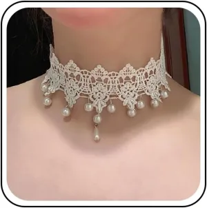 Wide Black Lace Choker Necklace Gothic Lace Pearl Tassel Necklace Short Hollow Flower Tattoo Necklaces Waterdrop Rhinestone Necklaces Halloween Wedding Party Jewelry