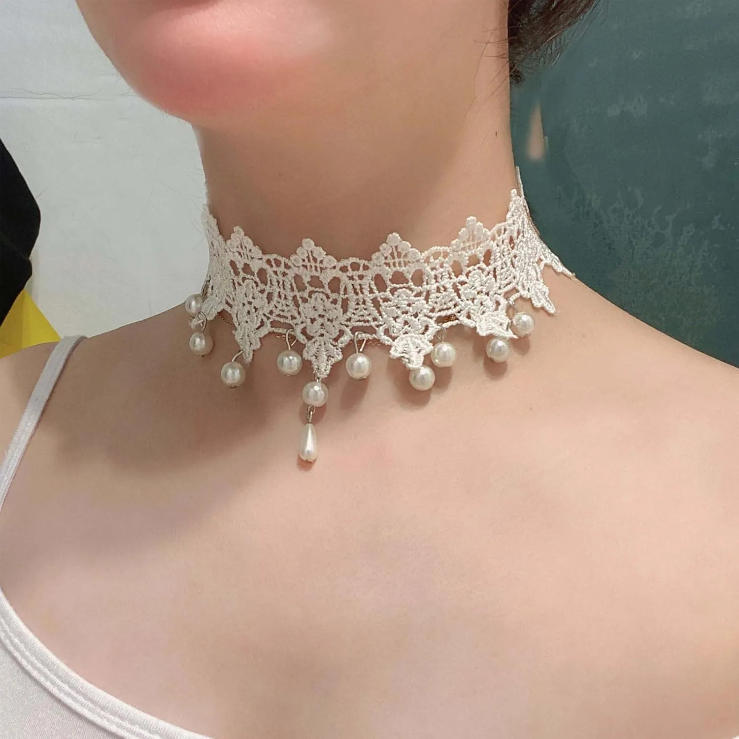 Wide Black Lace Choker Necklace Gothic Lace Pearl Tassel Necklace Short Hollow Flower Tattoo Necklaces Waterdrop Rhinestone Necklaces Halloween Wedding Party Jewelry