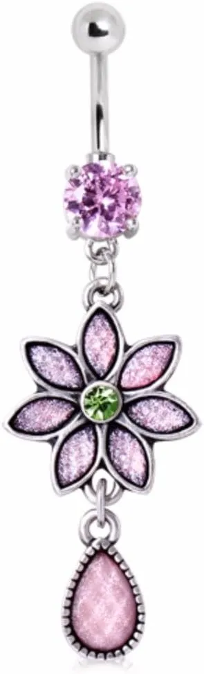 WildKlass Jewelry 316L Surgical Steel Pink Synthetic Opal Flower with Teardrop Dangle Navel Ring