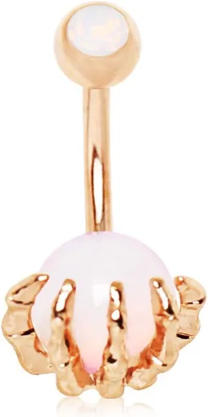 WILDKLASS Rose Gold Plated Skeleton Hand Holding Crystal Ball Navel Ring