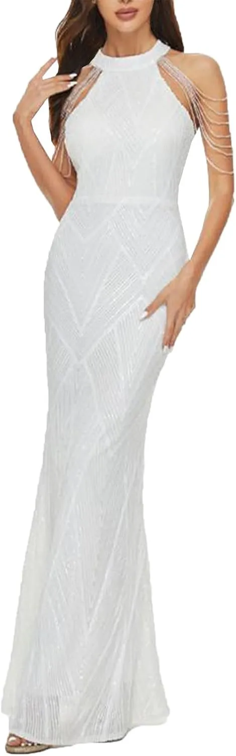 Women 1920s Plus Size Formal Dress Tassels Sleeve Sequins Gatsby Maxi Evening Gown Sleeveless Bodycon Mermaid Dress