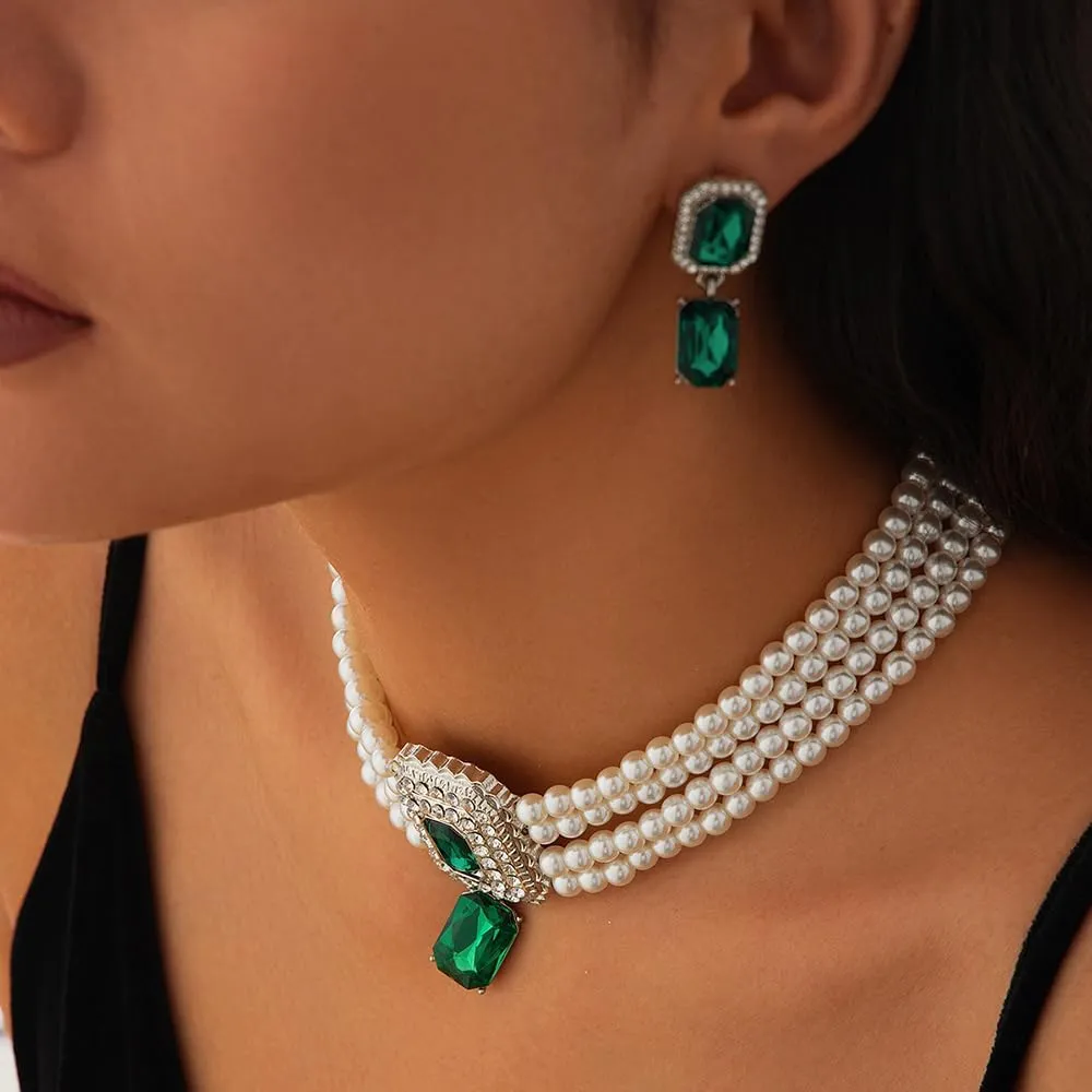 Women Boho 1920s Pearls Choker Necklaces Earrings Set Gold Silver Green Pearls Layered Choker Necklaces Black Multilayer Rhinestones Layering Necklaces for Women