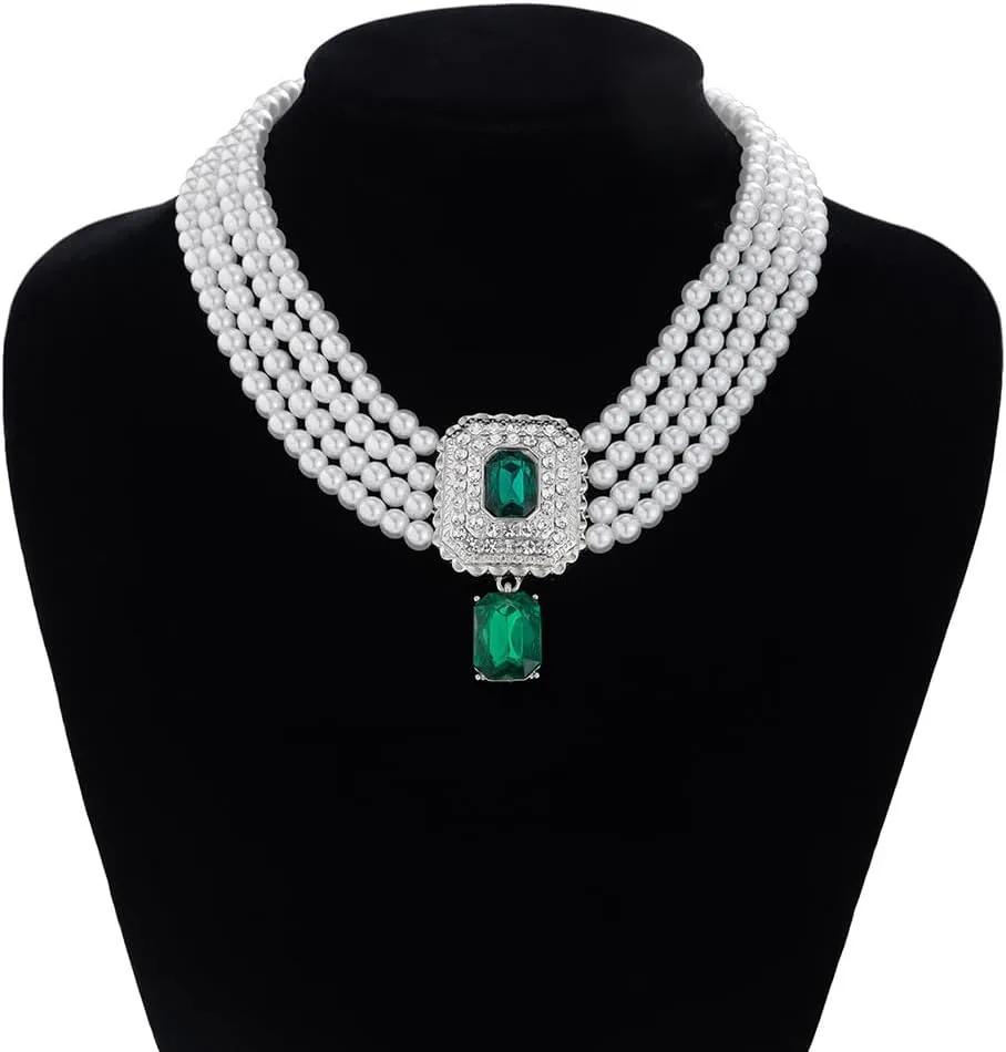 Women Boho 1920s Pearls Choker Necklaces Earrings Set Gold Silver Green Pearls Layered Choker Necklaces Black Multilayer Rhinestones Layering Necklaces for Women