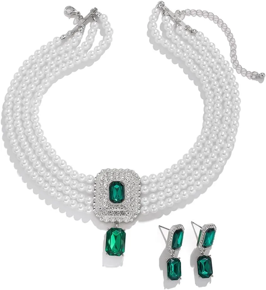 Women Boho 1920s Pearls Choker Necklaces Earrings Set Gold Silver Green Pearls Layered Choker Necklaces Black Multilayer Rhinestones Layering Necklaces for Women