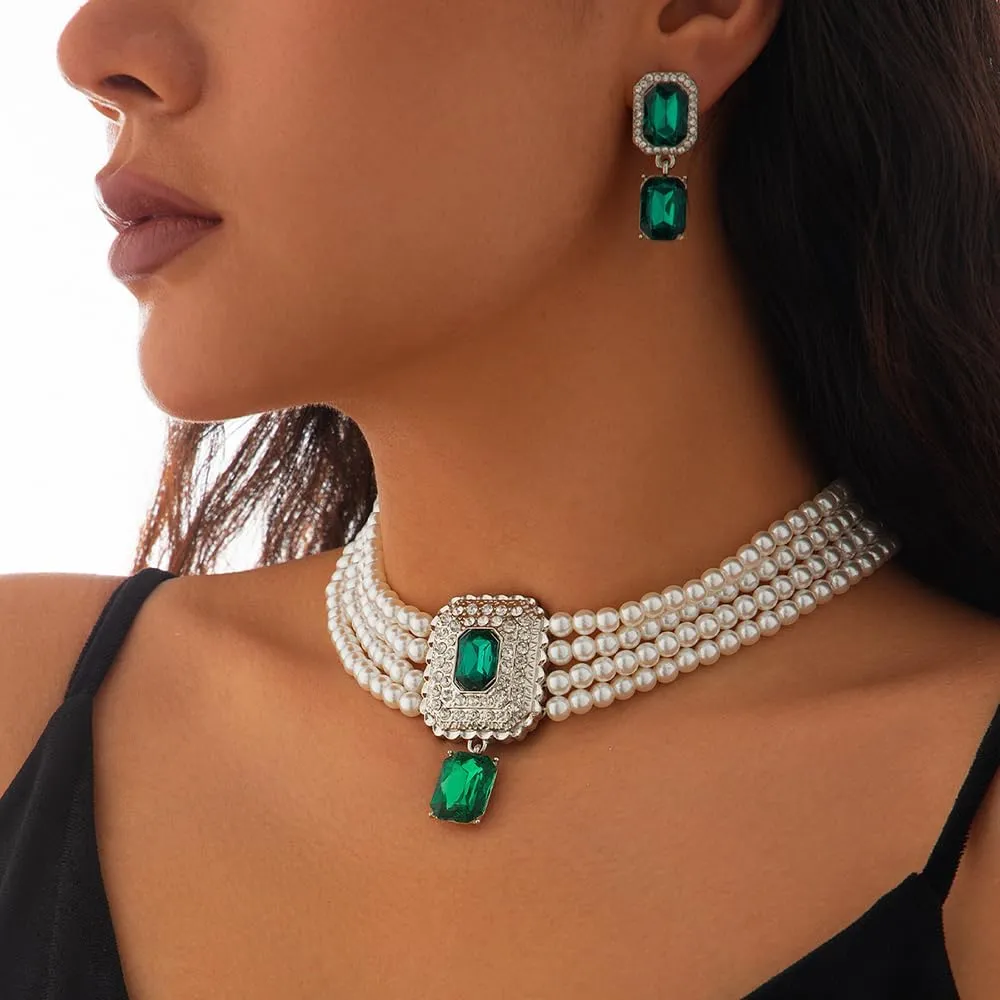 Women Boho 1920s Pearls Choker Necklaces Earrings Set Gold Silver Green Pearls Layered Choker Necklaces Black Multilayer Rhinestones Layering Necklaces for Women