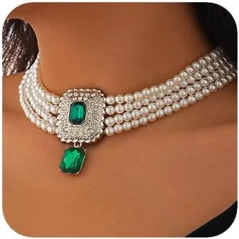 Women Boho 1920s Pearls Choker Necklaces Earrings Set Gold Silver Green Pearls Layered Choker Necklaces Black Multilayer Rhinestones Layering Necklaces for Women