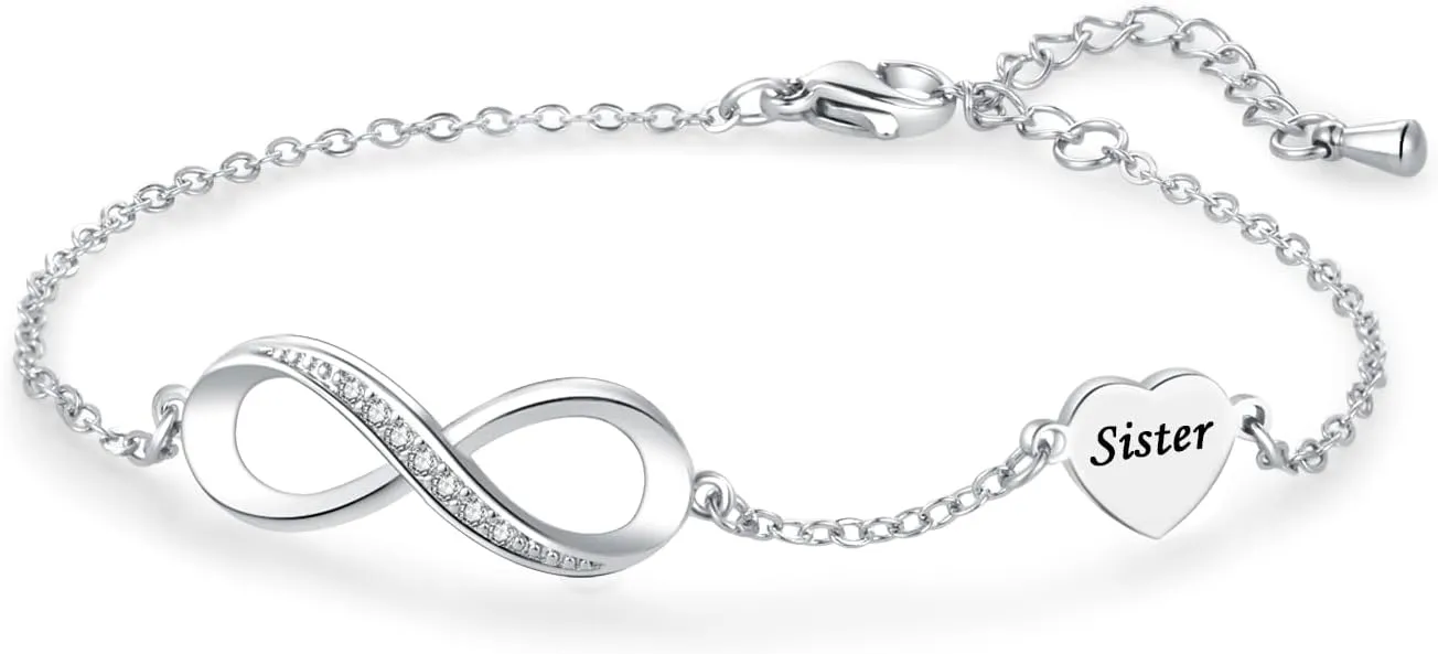 Women Bracelet Infinity Love Mom Daughter Heart Charm Sparkle Silver Forever Stainless Steel Family Friend Couple Adjustable Birthday Anniversary