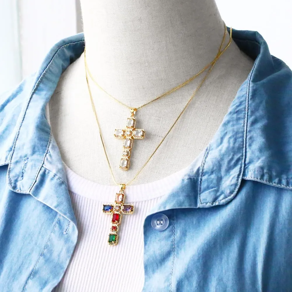 Women Crystal Cross Necklaces Multicolor Pendant Necklaces Gold Plated Religious Jewelry Nkeb775