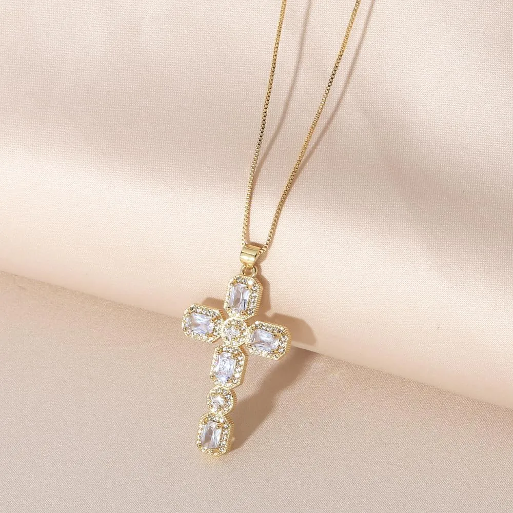 Women Crystal Cross Necklaces Multicolor Pendant Necklaces Gold Plated Religious Jewelry Nkeb775