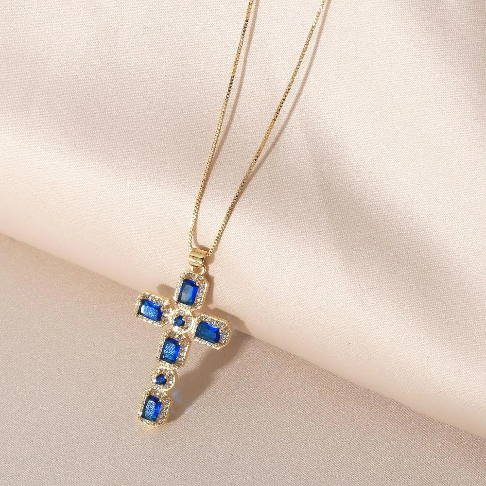 Women Crystal Cross Necklaces Multicolor Pendant Necklaces Gold Plated Religious Jewelry Nkeb775
