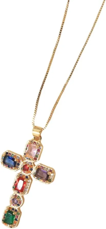 Women Crystal Cross Necklaces Multicolor Pendant Necklaces Gold Plated Religious Jewelry Nkeb775