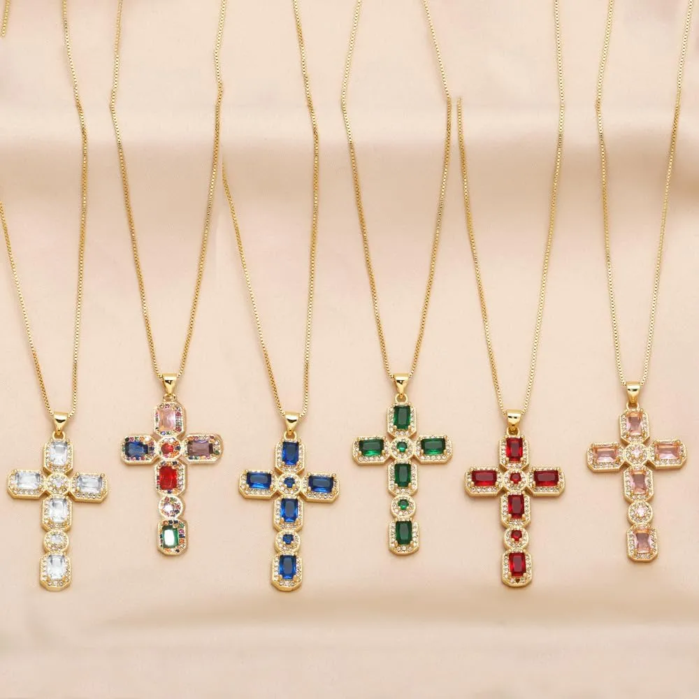 Women Crystal Cross Necklaces Multicolor Pendant Necklaces Gold Plated Religious Jewelry Nkeb775