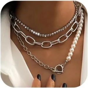 Women Multilayer Silver Gold Dainty Pearls Layered Choker Necklaces Handmade Beads Fashion Chunky Pendant Multilayer Adjustable Layering Chain Gold Plated Necklaces Set for Women