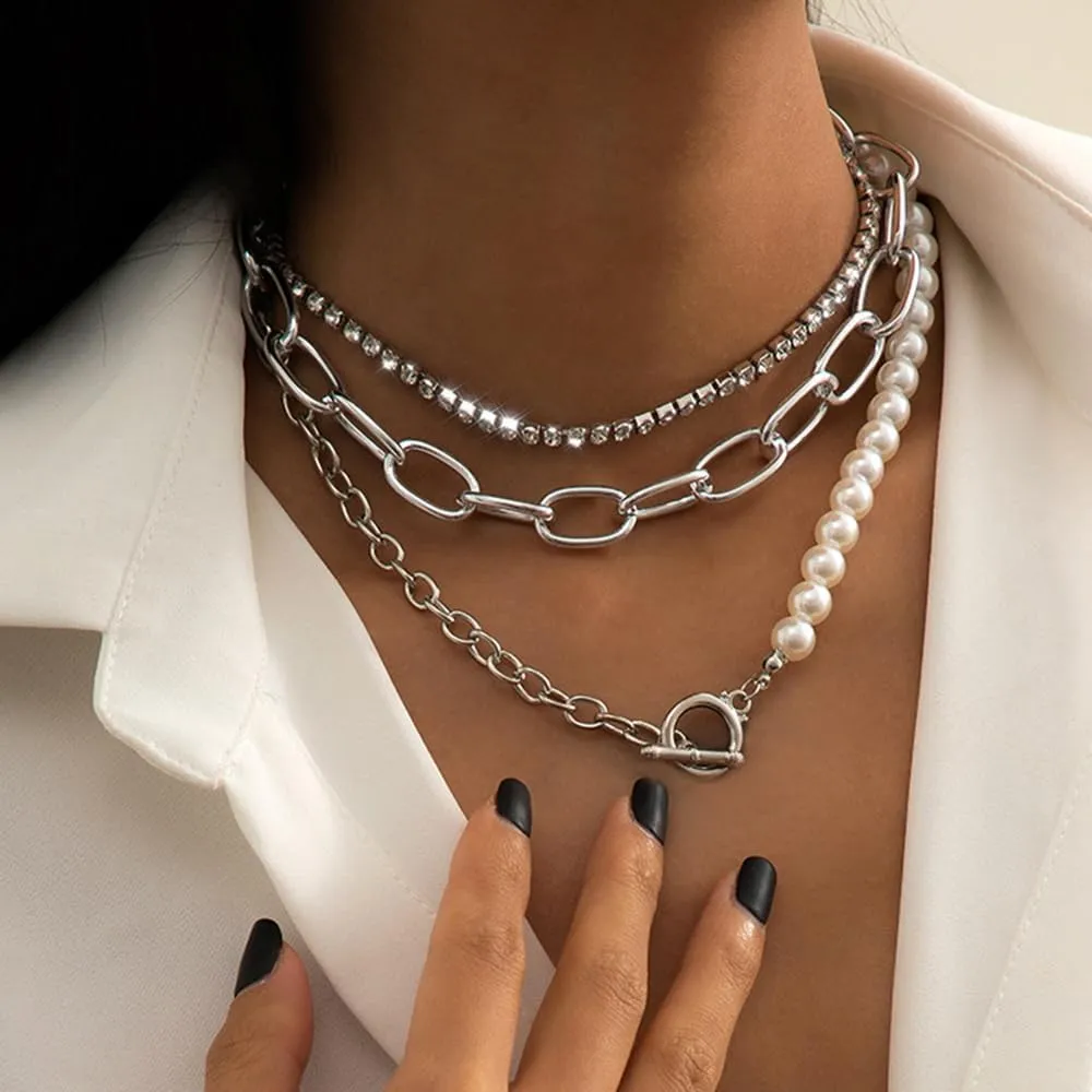 Women Multilayer Silver Gold Dainty Pearls Layered Choker Necklaces Handmade Beads Fashion Chunky Pendant Multilayer Adjustable Layering Chain Gold Plated Necklaces Set for Women
