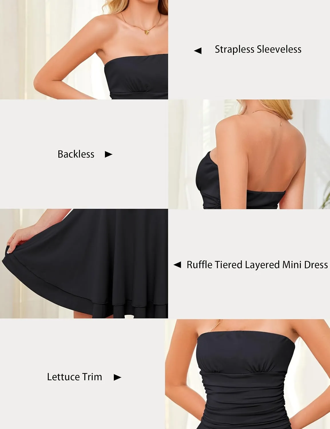 Women Strapless Ruched Waisted Tube Mini Dress Tiered Ruffled Hem Solid Slim Sexy Flowy Tube Short Dresses