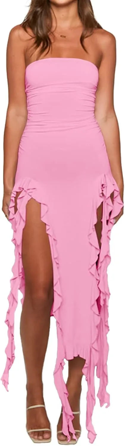 Womens Bodycon Tube Dress Sexy Strapless Y2K Ruffle Trim Irregular Floral Tassel Split Ruched Club Night Party Midi Dress