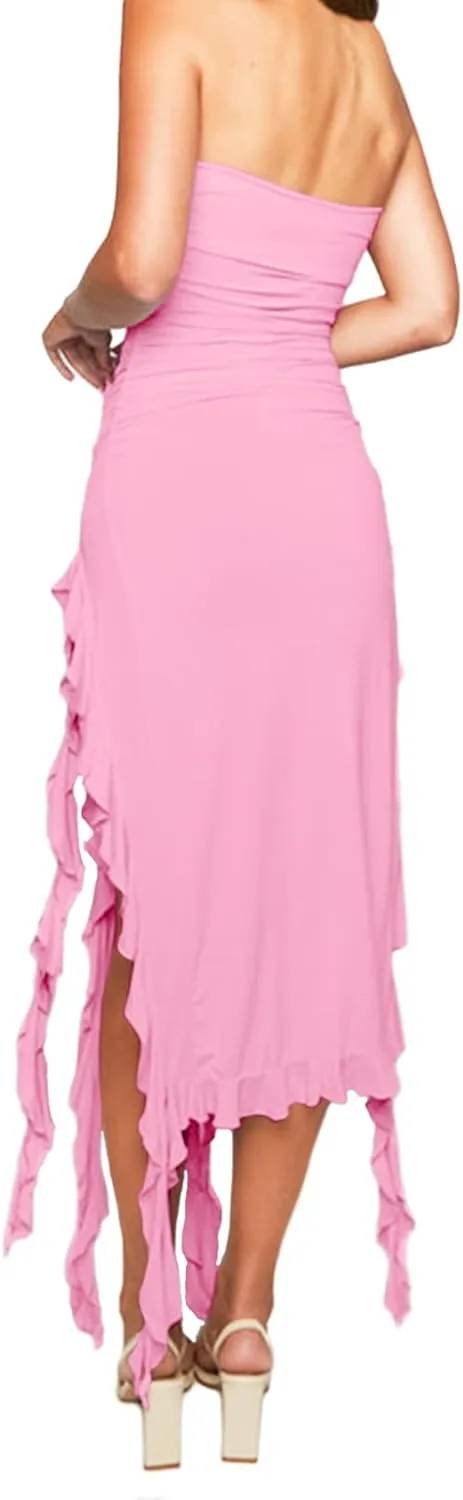 Womens Bodycon Tube Dress Sexy Strapless Y2K Ruffle Trim Irregular Floral Tassel Split Ruched Club Night Party Midi Dress