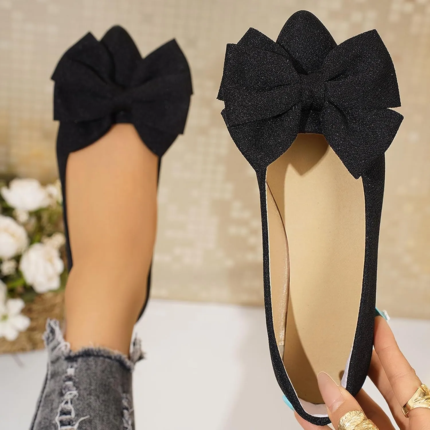 Women's Casual Flat Shoes Comfortable Slip On Walking Shoes for Women Stylish Everyday Wear with Bow Detail