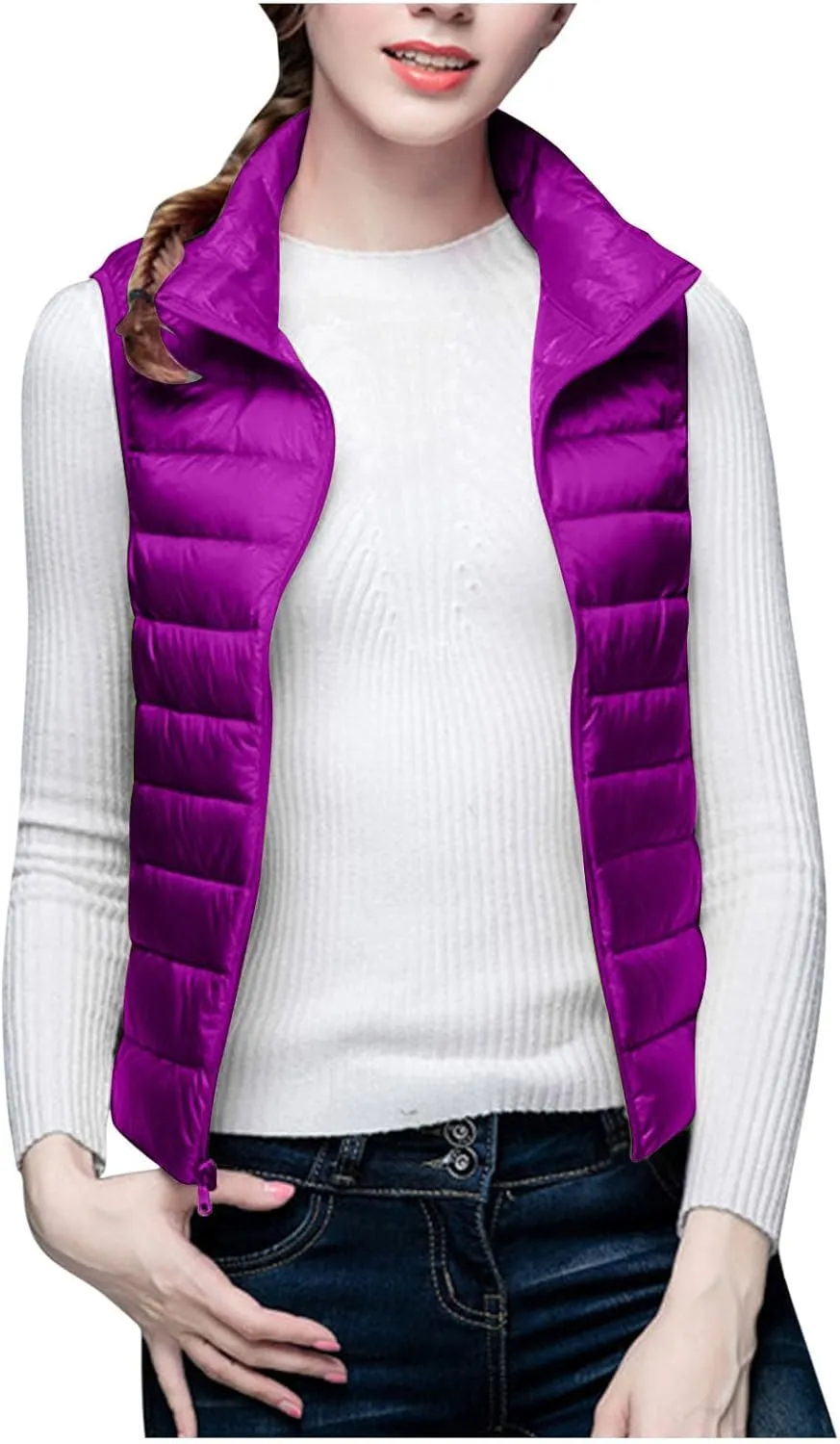 Womens Down Vest Lightweight Warm Puffer Vest Zip Up Sleeveless Solid Color Slim Fit Thermal Quilted Vest Jackets