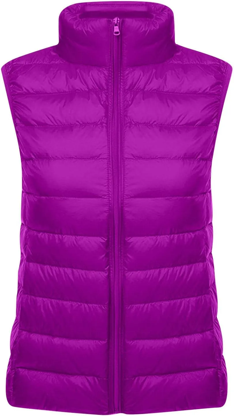 Womens Down Vest Lightweight Warm Puffer Vest Zip Up Sleeveless Solid Color Slim Fit Thermal Quilted Vest Jackets