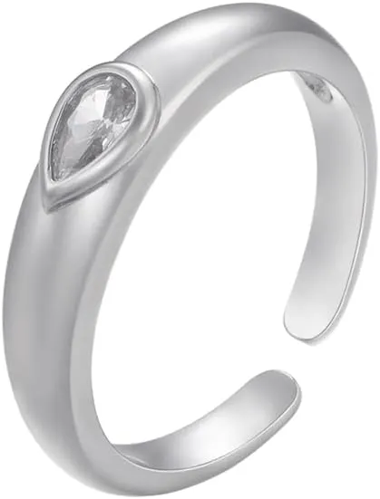 Women's Gold Plated Adjustable Open Ring, Teardrop CZ Solitaire Accent - Silver