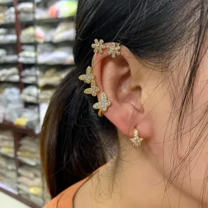 Women's Gold-Plated Butterfly Flower Ear Cuff, Pave CZ Climber, Non-Pierced Clip - Heart Left
