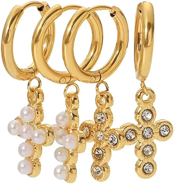Women's Gold Plated Stainless Steel Huggie Hoop Earrings with Pearl Accent Cross Dangle Charms