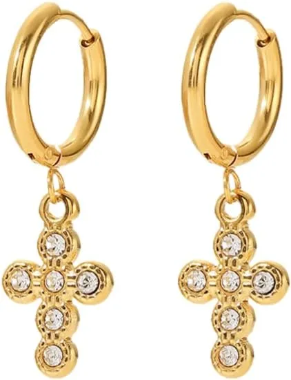 Women's Gold Plated Stainless Steel Huggie Hoop Earrings with Pearl Accent Cross Dangle Charms