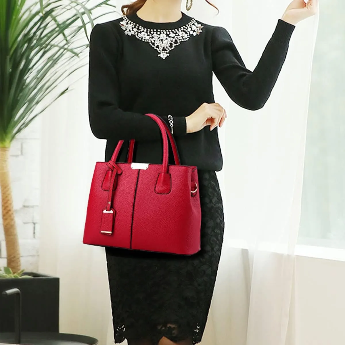 Womens Handbags and Purses Fashion Top Handle Satchel Tote PU Leather Shoulder Bags(Black