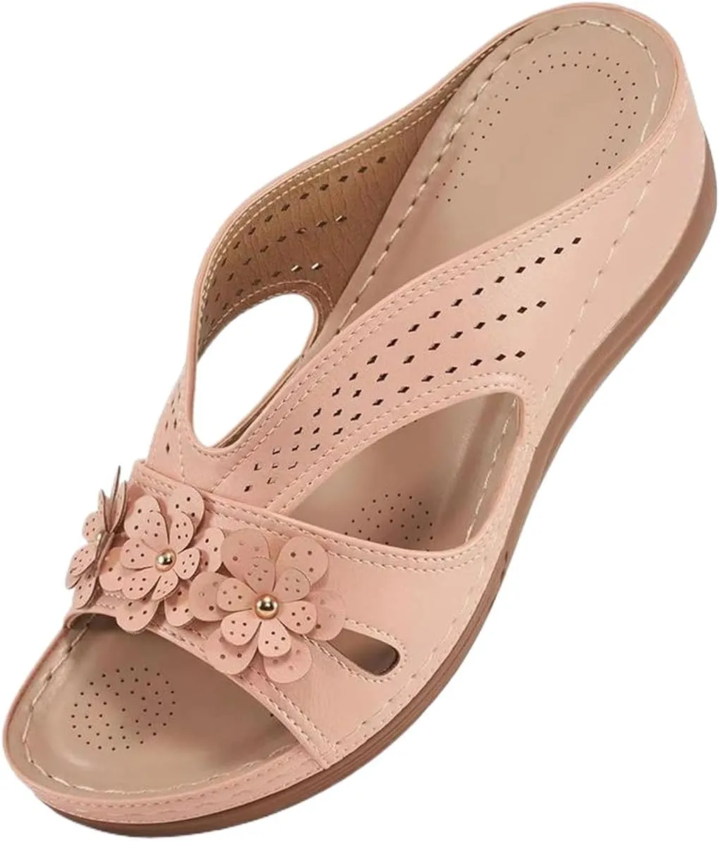 Women's Orthopedic Sandals with Arch Support Slip-On Wedge Heel Memory Foam Platform Non-Slip Beach Shoes Dressy Summer Comfort Sandals with Fashion Retro Floral