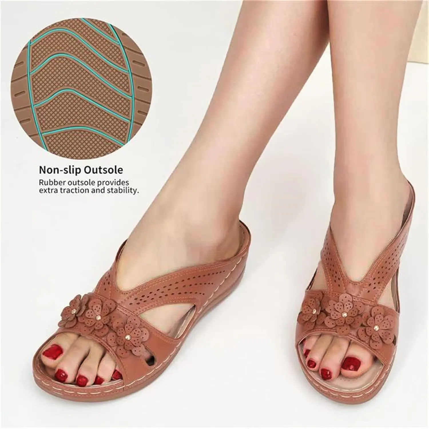 Women's Orthopedic Sandals with Arch Support Slip-On Wedge Heel Memory Foam Platform Non-Slip Beach Shoes Dressy Summer Comfort Sandals with Fashion Retro Floral