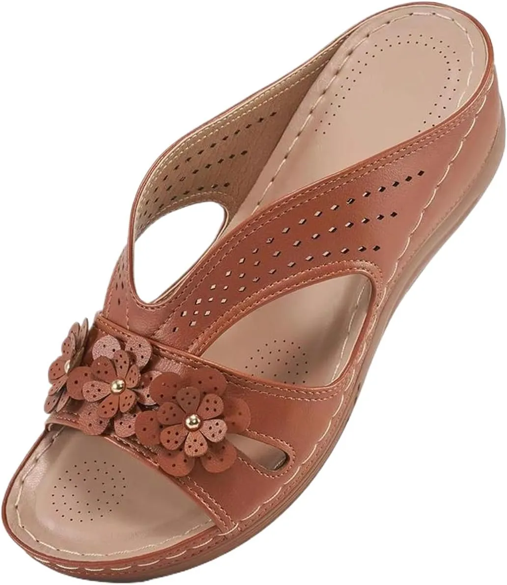 Women's Orthopedic Sandals with Arch Support Slip-On Wedge Heel Memory Foam Platform Non-Slip Beach Shoes Dressy Summer Comfort Sandals with Fashion Retro Floral